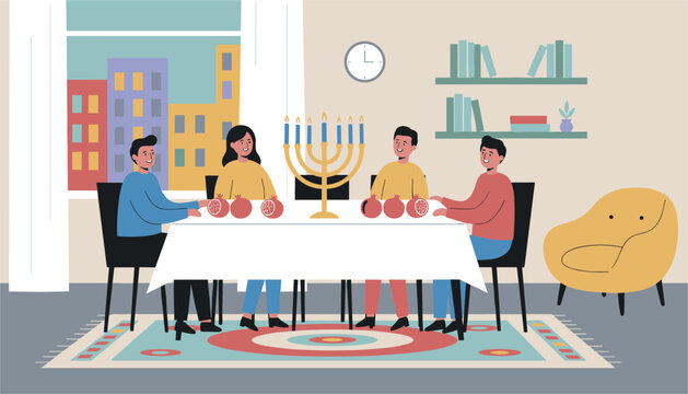 Friends celebrate a holiday around a table with a menorah and pomegranates in a cozy flat illustration style living room.