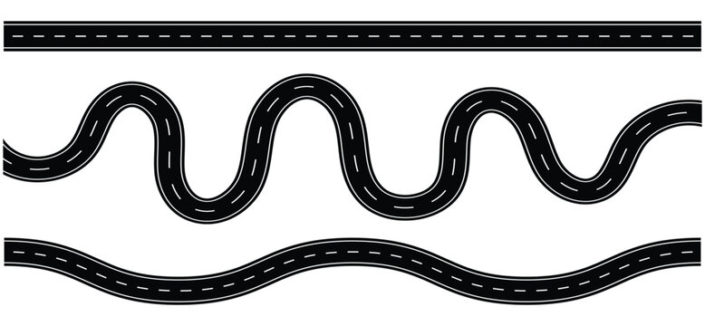 Wavy road with winding curves and horizontal path. Horizontal asphalt road template. Top view of race track and highway.