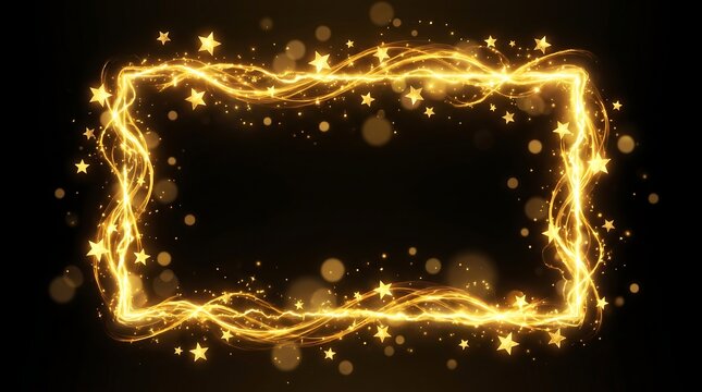 Rectangular golden light frame with stars and sparkling bokeh abstract rectangle celebration background wallpaper particle
