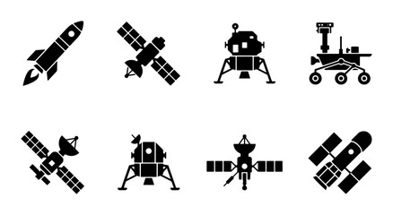 Space Exploration Icons: Rocket, Satellite, Lander, Rover, Set, Vector Graphics © Tanim