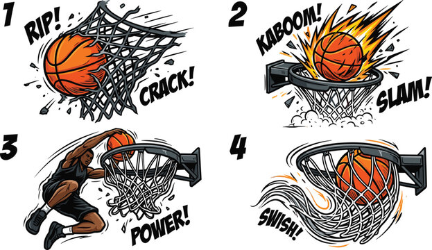 Dynamic basketball comic book sound effect vector set featuring player dunking tearing net swish slam explosion and power action cartoon illustrations