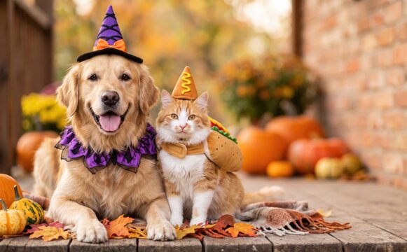 Golden retriever dog and orange cat in Halloween costumes with pumpkins outdoors for autumn holiday celebration