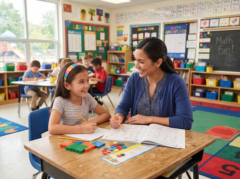 Smiling female teacher helping a young girl with math worksheet at her desk in a bright elementary classroom. Concept of education, tutoring, and supportive learning environment.