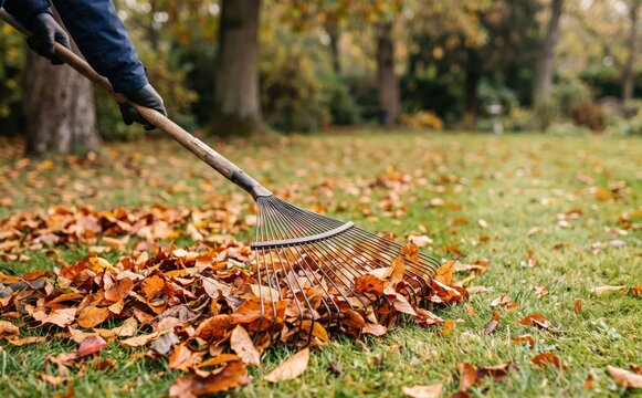 Person raking fallen autumn leaves on green grass in the garden during yard cleanup and seasonal yard work