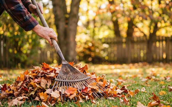 Middle-aged man raking colorful autumn leaves in a suburban backyard for yard work and seasonal garden maintenance