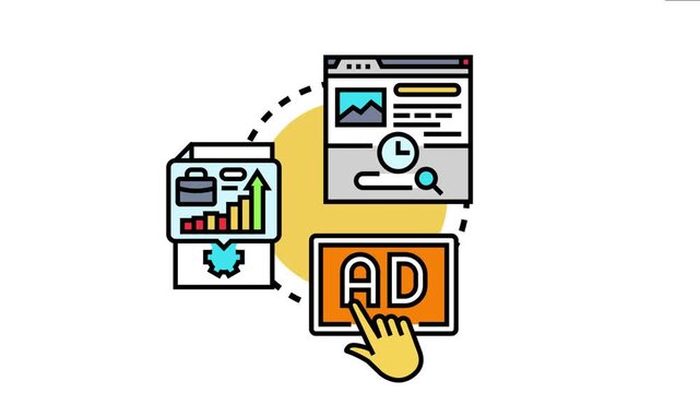 Online advertising concept showing a hand clicking a digital ad, tracking data metrics on a web interface, and analyzing business chart performance for successful digital strategy optimization