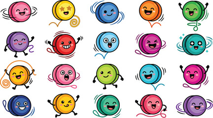 Fototapeta premium Cute colorful cartoon yoyo toys character set isolated on white background funny playful retro spinning toy concept