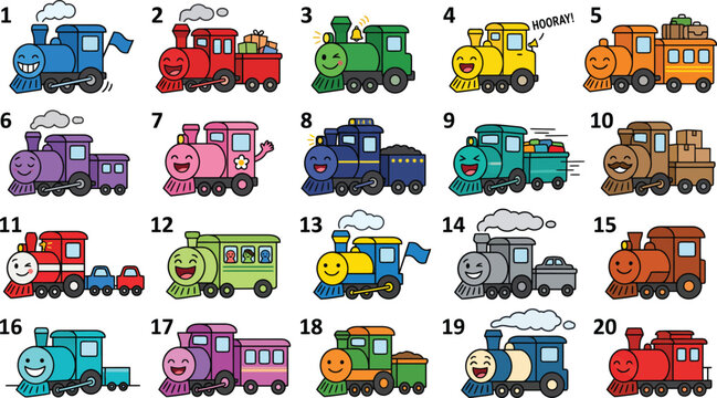 Colorful collection of cartoon train illustrations for creative projects.