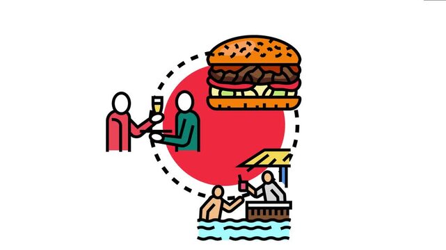 Bar and grill advertising agency using burger and drink imagery for promotion campaigns, communicating restaurant, pub, and food service success with engaging visuals