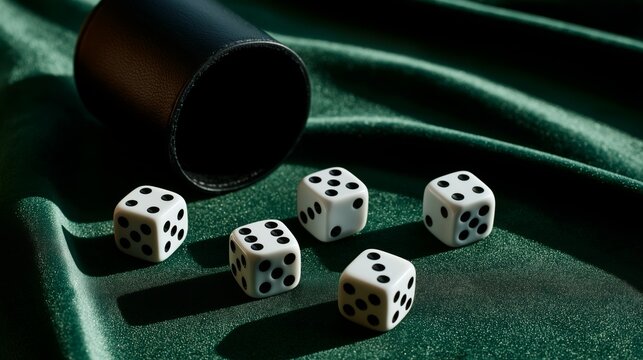Five dice spill from a leather cup onto a textured green felt, capturing a moment of chance and strategy.