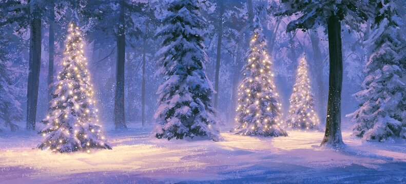 Winter forest clearing at dusk, tall Christmas trees glowing with warm string lights, soft watercolor textures, purple and blue snow shadows