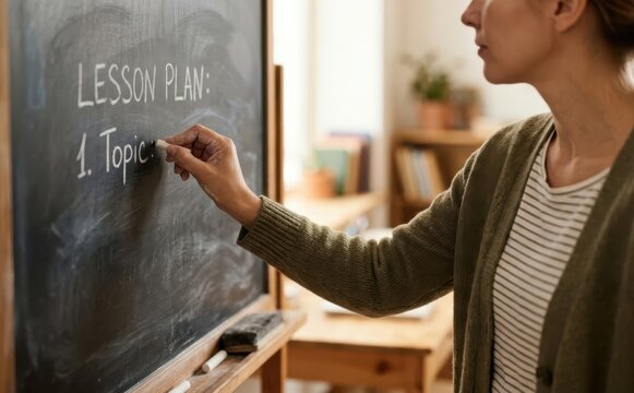 Female teacher writing lesson plan on chalkboard in classroom. Educational concept for teaching and learning.
