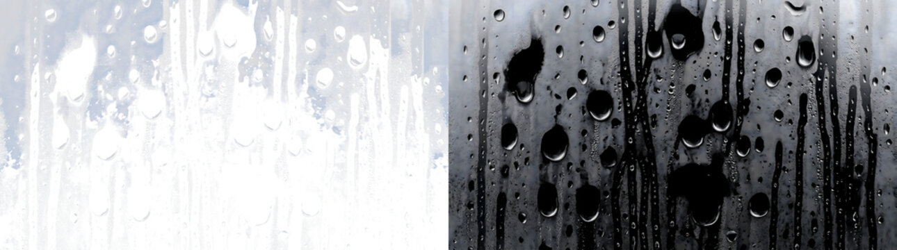 Heavy condensation covers glass with large glossy droplets and dark dripping streaks crafted for PNG, Transparent and Black Background Versions in use