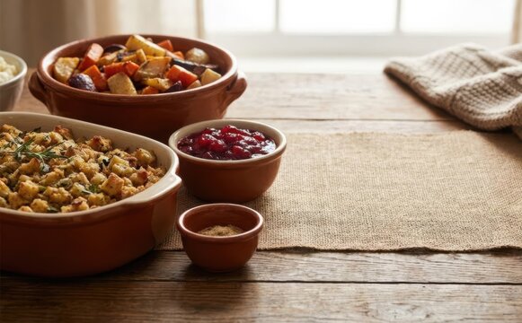 Thanksgiving dinner table with roasted vegetables, stuffing and cranberry sauce for holiday feast