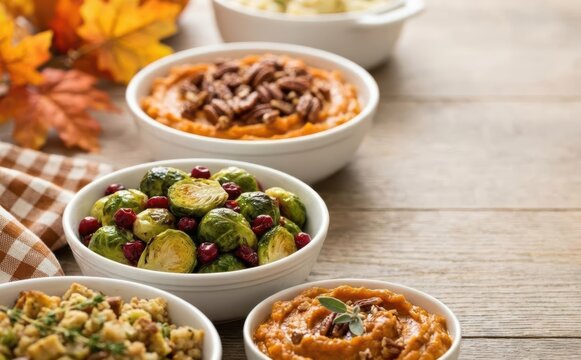 Thanksgiving dinner table with sweet potato casserole, brussels sprouts, and stuffing bowls for holiday celebration