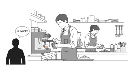 Fototapeta premium Barista making coffee, cook preparing food in kitchen, customer thinking 