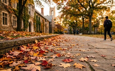Fototapeta premium Autumn college campus pathway with colorful fallen leaves and historic university building