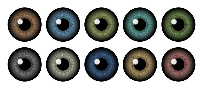 Colored human iris collection showing brown blue green and hazel eye patterns.