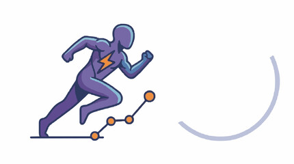 Fototapeta premium The image is an illustration of a person running on a line graph. The person is wearing a purple suit with a yellow lightning bolt on their chest. The line graph is made up of orange dots and lines,