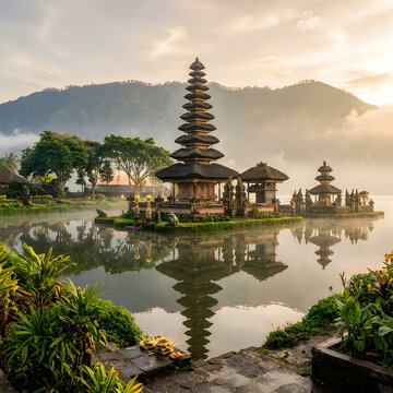 Serene balinese temple silhouette in a pond with nature