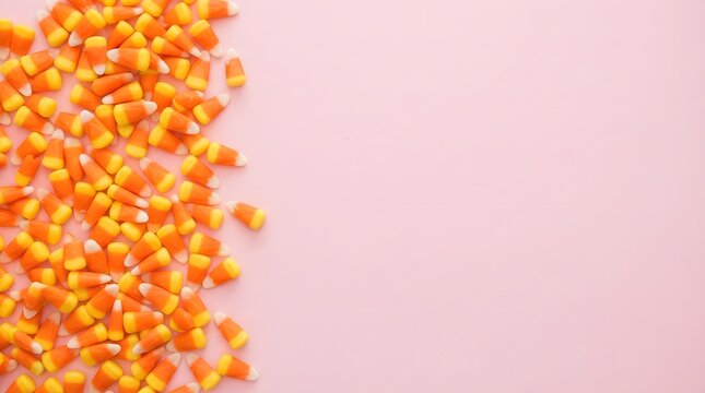 Candy corn scattered on a pink background