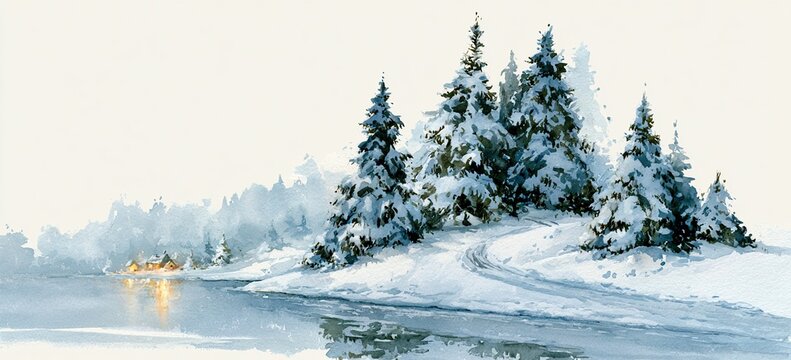 Artistic watercolor winding path through snow-covered Christmas trees, distant warm cottage glow reflected on ice, empty sky for text placement