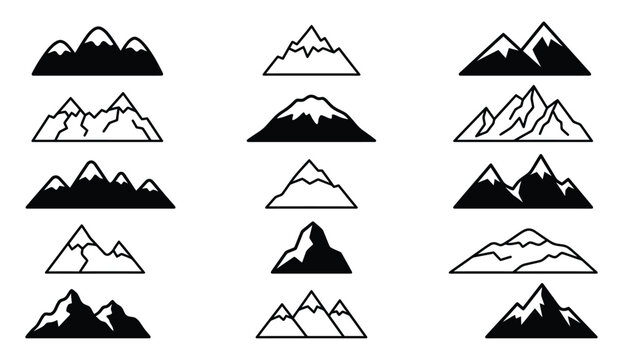 Collection of hand drawn mountain icons and illustrations in a simple black and white style