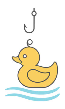 Minimalist monoline icon of a rubber duck and fishing hook on a stylized water wave isolated on white background symbol concept