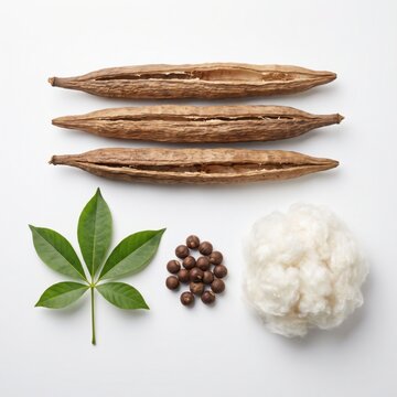 Kapok tree components seed pods, palmately compound leaf, seeds, and fiber isolated on white background