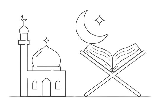 Ramadan vector illustration with mosque silhouette and open quran under crescent moon line art islamic design