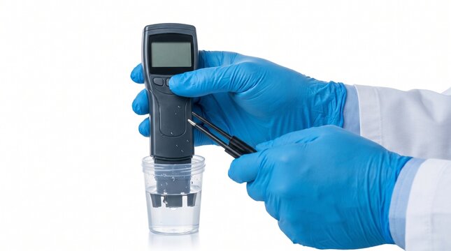 Close-up of a laboratory professional's gloved hands performing precise pH measurement of a liquid sample with a digital meter for chemical analysis