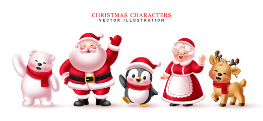 Fototapeta premium Christmas cute Characters clipart set. Christmas cartoon Characters including happy Santa Claus waving, Mrs Claus, polar bear, penguin and reindeer with cheerful and adorable kawaii style clip art 