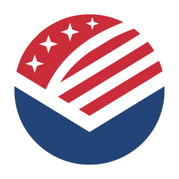 stylized circular flag emblem in bold red white and blue with abstract star and stripe motifs patriotic concept