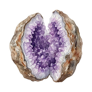 Watercolor illustration of an amethyst geode with purple crystals and rock texture