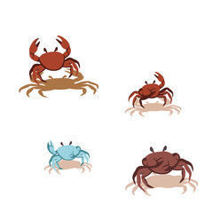 Cartoon crabs in playful poses on sandy ground. Four colorful crabs, each with unique shapes and expressions. Brown, blue, and reddish hues add visual variety © Humanart