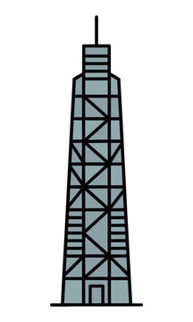 A sleek monoline skyscraper with geometric windows rendered in a minimalist black style isolated on white business architecture concept