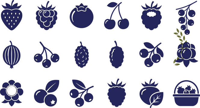 Minimalist berry fruit glyph icon collection featuring strawberry blackberry blueberry cherry raspberry and fruit basket silhouettes