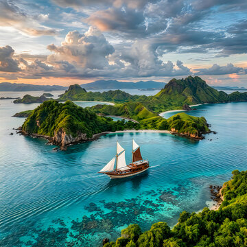Sailboat cruising near tropical green islands at sunset