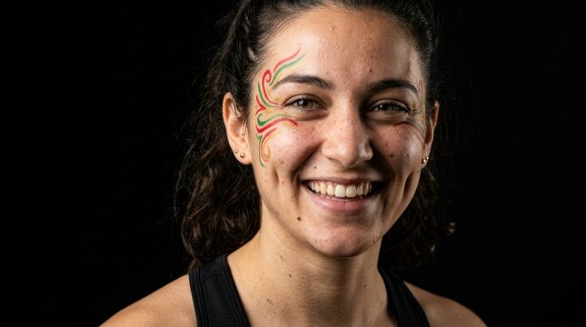 Smiling woman with colorful face paint on dark background