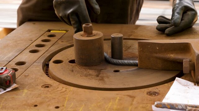 Steel Rebar Bending With Industrial Manual Fabrication Machine, Close Up