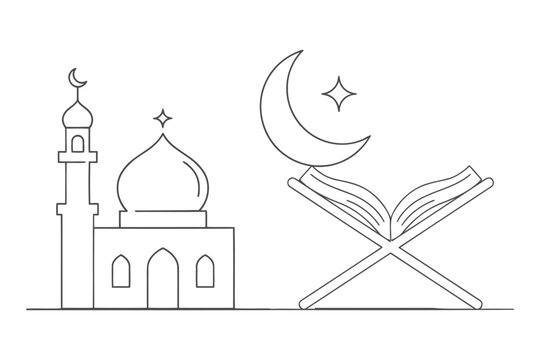 Islamic celebration vector design featuring mosque building and holy quran outline crescent moon line art book stand