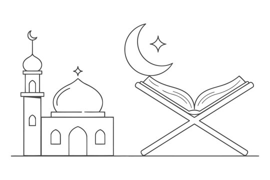 Islamic religious vector graphic with mosque architecture and quran on book stand crescent moon line art holy book