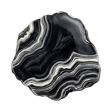 Watercolor illustration of a black onyx slab with golden veins, abstract mineral texture