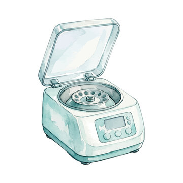 Watercolor illustration of a benchtop centrifuge with an open lid, laboratory equipment, science theme, colorful painting style