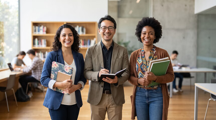 Fototapeta premium Diverse group of happy professional educators holding notebooks and folders standing together in a modern school library or university campus.