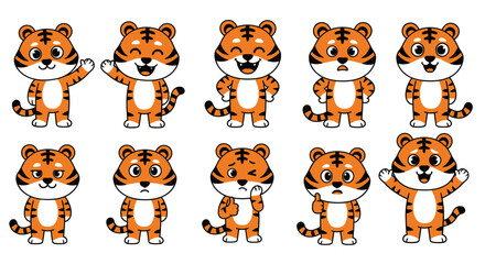 Fototapeta premium Set of ten adorable cartoon stickers and characters with expressive faces and vibrant colors, isolated on a white background for creative vector graphic design projects.