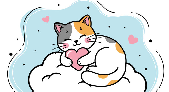 Vector illustration of a charming calico cat with distinct orange, black, and white fur patches, sitting pose, flat design style, stylized domestic feline mascot on white background.