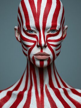 Woman with bold red and white striped face and body paint