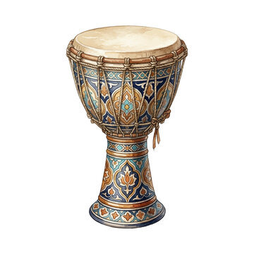 Watercolor illustration of a Middle Eastern darbuka drum with ornate patterns, isolated on white background