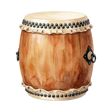 Watercolor illustration of a Japanese taiko drum, traditional musical instrument, cultural art